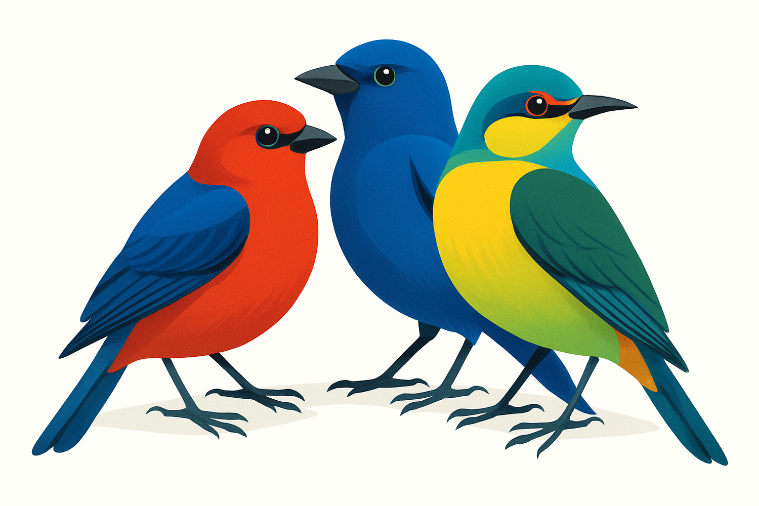 three birds, bright colors, graphic image, white background, arranged together